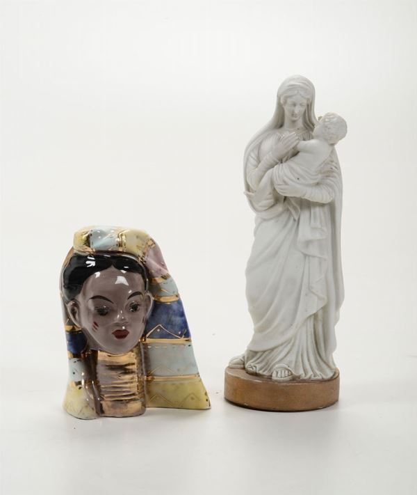 Madonna con Bambino in bisquit e testa femminile in ceramica DRS, XX secolo