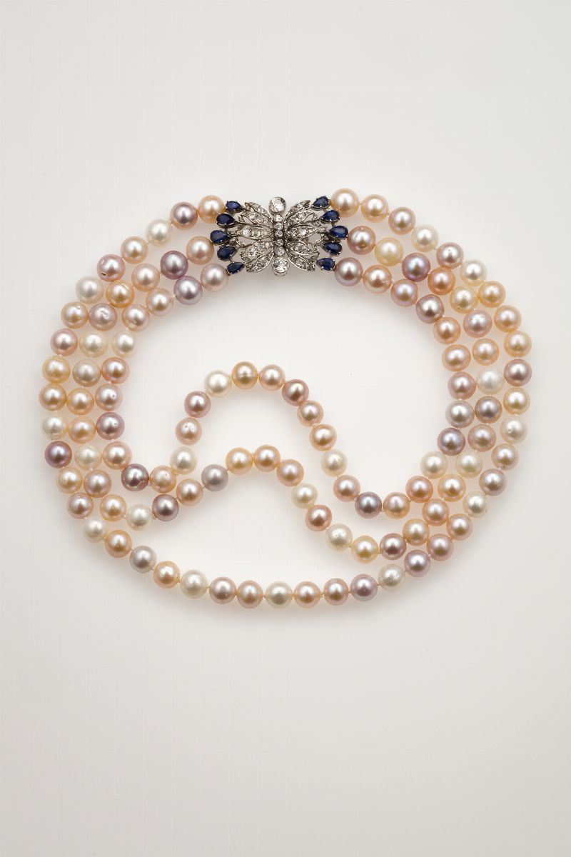 Cultured pearl, diamond and sapphire necklaxe  - Auction Jewels Timed Auction - Cambi Casa d'Aste