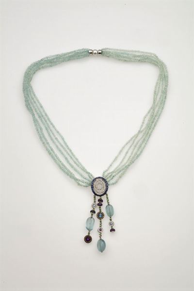 Collana Composta da Cinque Fili di Acquamarina con Parte Centrale con Gemme Multicolor e Perla Co...