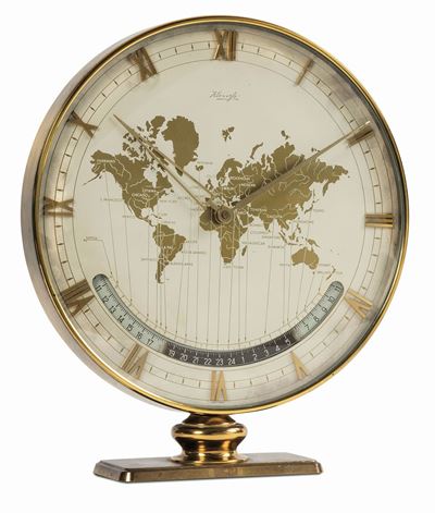 Kienzle, World Time Gilt Brass Desk Clock. Orologio in Ottone Dorato, con Ore del Mondo, Apertura...
