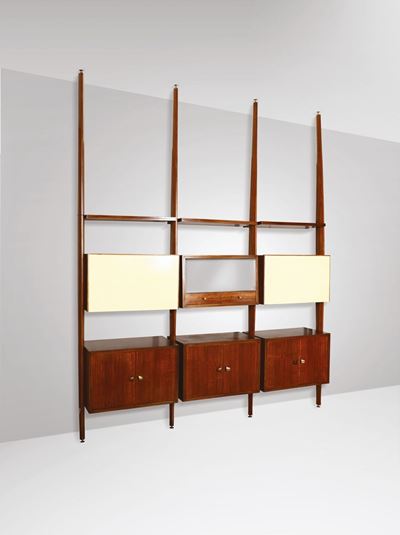Libreria Modulare con Struttura in Legno, Legno Laccato e Rivestimenti in Vetro. Dettagli in Otto...
