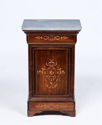 Comodino Carlo X in Legno Lastronato ed Intarsiato, XIX Secolo
