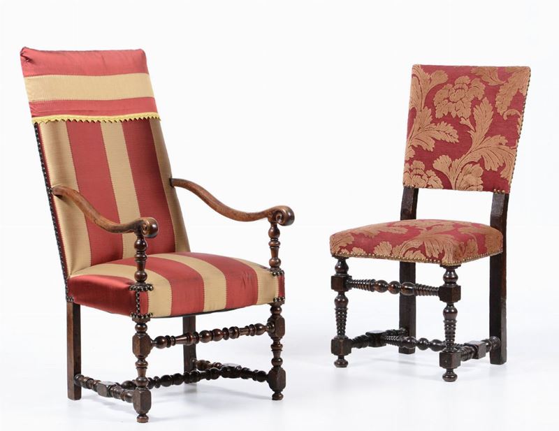 Poltrona e sedia a rocchetto, XVIII-XIX secolo  - Asta Antiquariato - I - Cambi Casa d'Aste