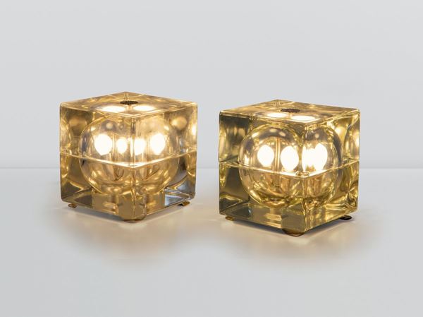 Alessandro Mendini, a pair of Cubosfera table lamps in printed glass. Fidenza Vetraria Prod., Italy, 1968