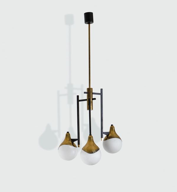 Stilnovo, a pendant lamp with a brass and lacquered brass structure. Opaline glass shades. Stilnovo Prod., Italy, 1950 ca.