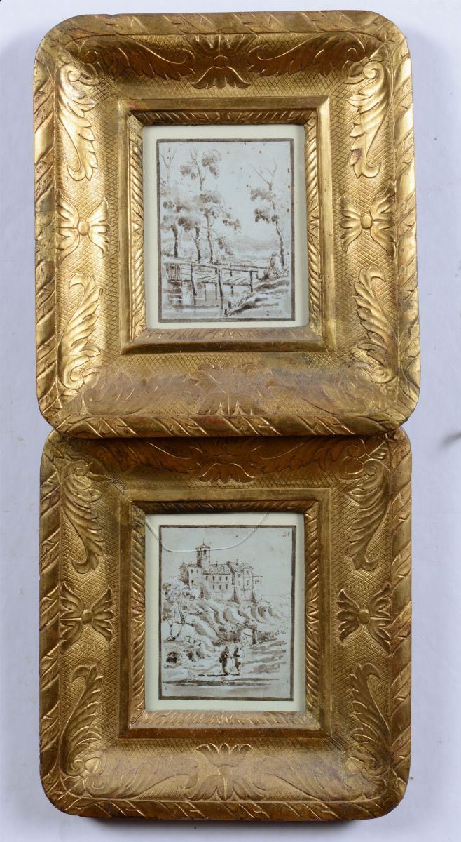 Coppia di disegni raffiguranti paesaggi, XIX secolo  - Auction Paintings and Drawings Timed Auction - I - Cambi Casa d'Aste