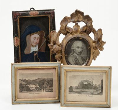 Lotto Composto da Due Miniature Diverse e Coppia di Stampine in Cornice Laccata