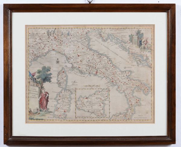 Carta geografica generale dell'Italia. Stampa acquerellata, XIX secolo