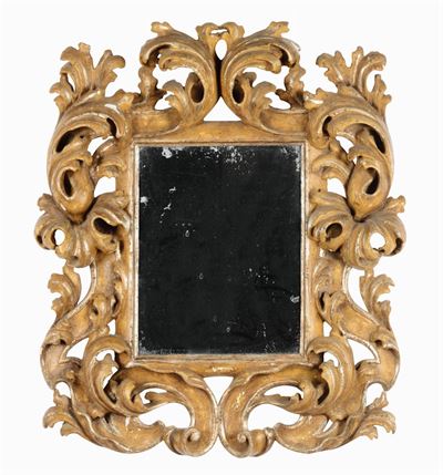 Piccola Specchiera in Legno Intagliato e Dorato, XVIII Secolo