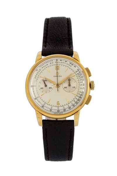 Omega, Cassa No. 11480808, Ref. 2465. Orologio da Polso, Cronografo, in Oro Giallo con Multi Scal...