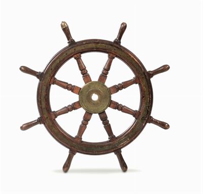 Timone in Legno a 8 Caviglie con Mozzo in Ottone, XIX Secolo