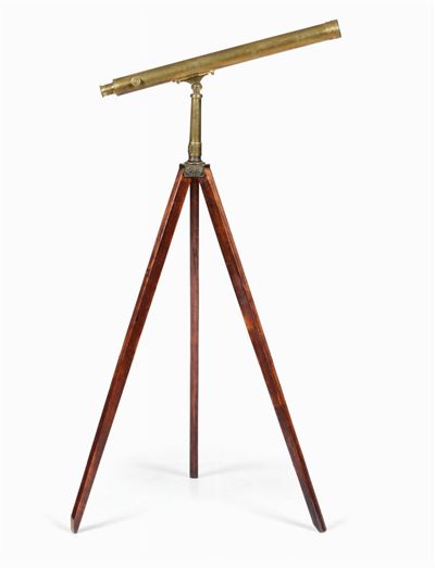 Telescopio in Ottone con Treppiede in Legno, Italia XIX Secolo