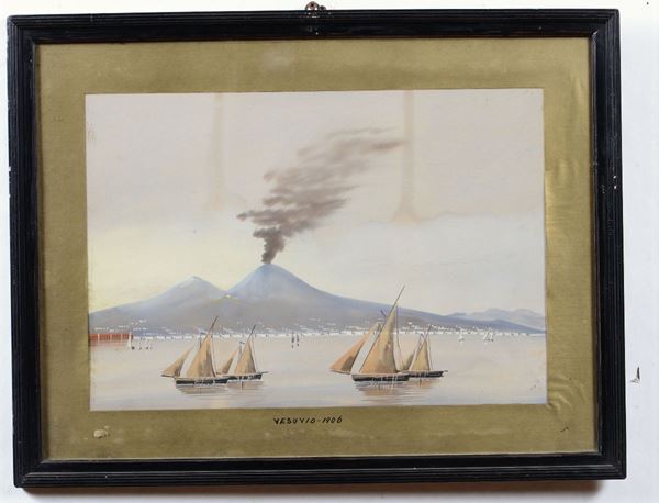 Pittore del XIX-XX secolo Vedute dal Golfo di Napoli con Vesuvio, 1906