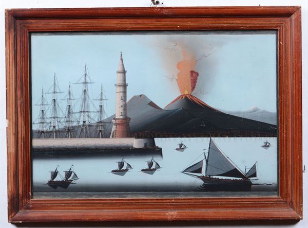 Pittore del XIX-XX secolo Vedute dal Golfo di Napoli con Vesuvio