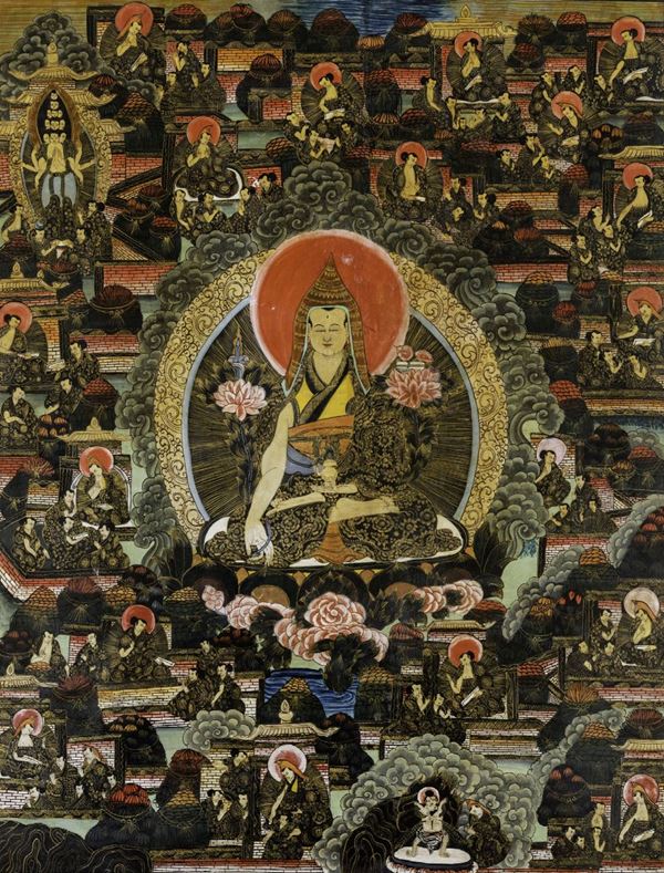 Thangka incorniciato con immagine centrale di Lama, Tibet, inizio XX secolo