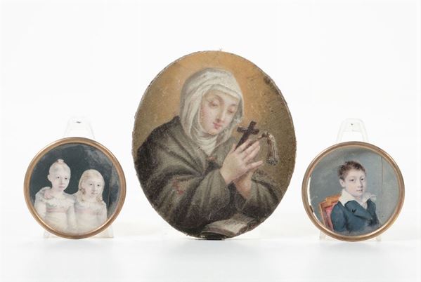 Lotto composto da tre miniature raffiguranti santa in preghiera e ritratti di infanti, XVIII-XIX secolo
