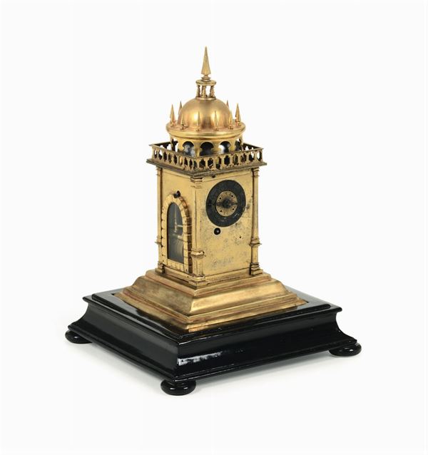 Raro orologio ad edicola cassa in bronzo dorato, Germania Augsburg XVI-XVII secolo