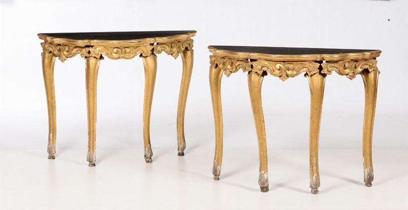 Coppia di consoles in legno intagliato e dorato, XIX secolo  - Asta Antiquariato - Cambi Casa d'Aste