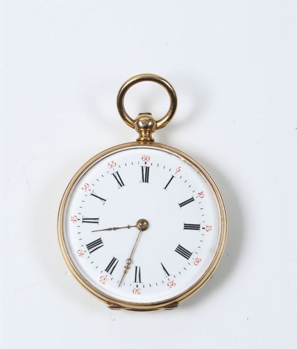 Piccolo orologio da tasca in oro con smalti, XX secolo