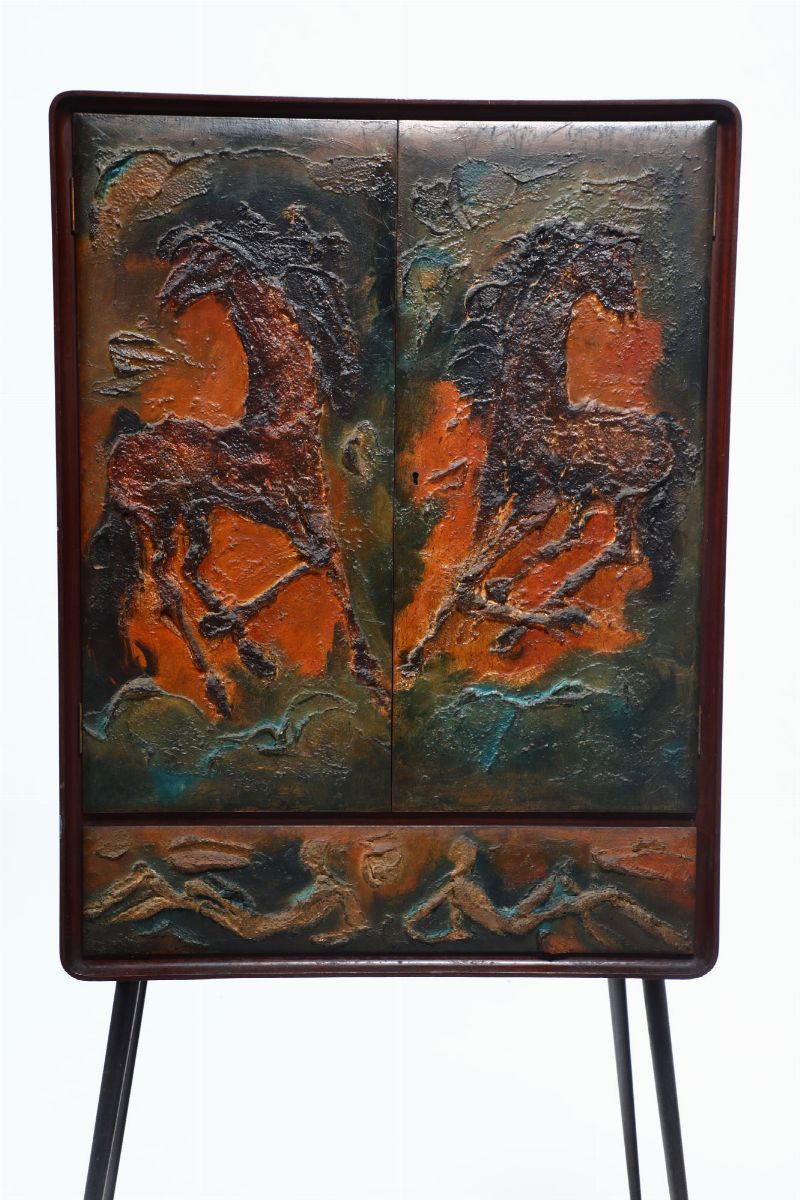 Mobile Bar con Struttura in Legno e Legno Decorato. Sostegni in Ottone Laccato e Ottone.