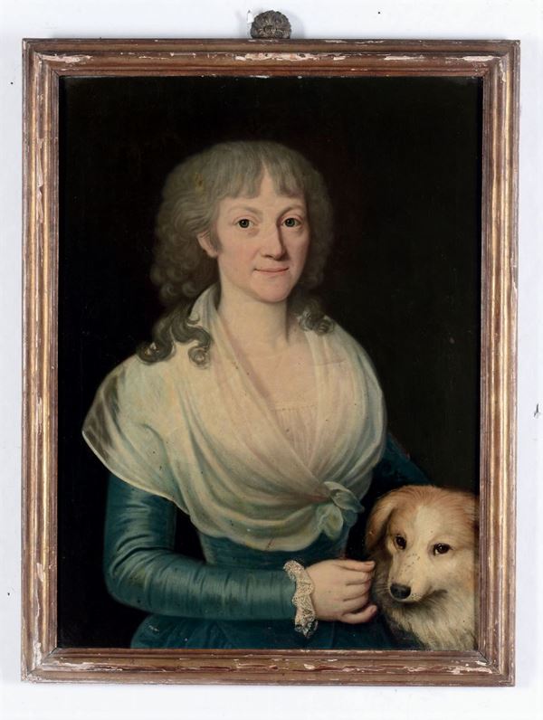 Scuola della fine del XVIII secolo Ritratto di signora con cagnolino