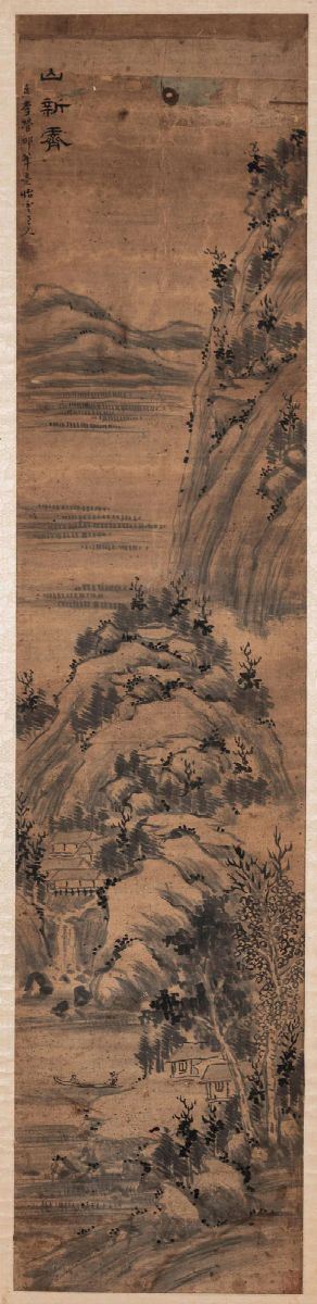 Dipinto su carta raffigurante paesaggio con pagode e iscrizioni, Giappone, XVIII secolo  - Asta Fine Chinese Works of Art - Cambi Casa d'Aste