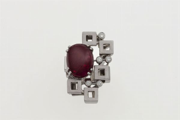 Cabochon-cut spinel and diamond ring. Signed Enrico Cirio