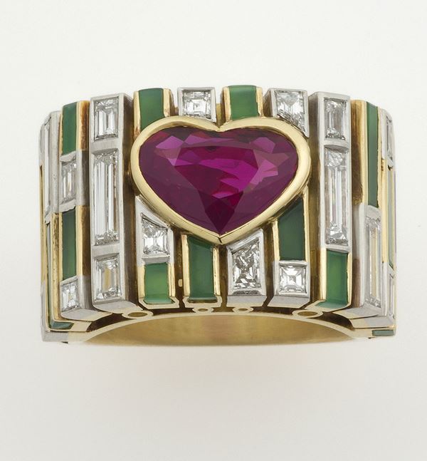Ruby, diamond and agate ring. Signed Enrico Cirio