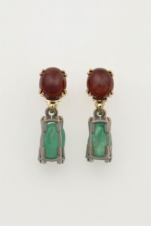 Pair of mandarin garnet and emerald pendent earrings. Signed Enrico Cirio