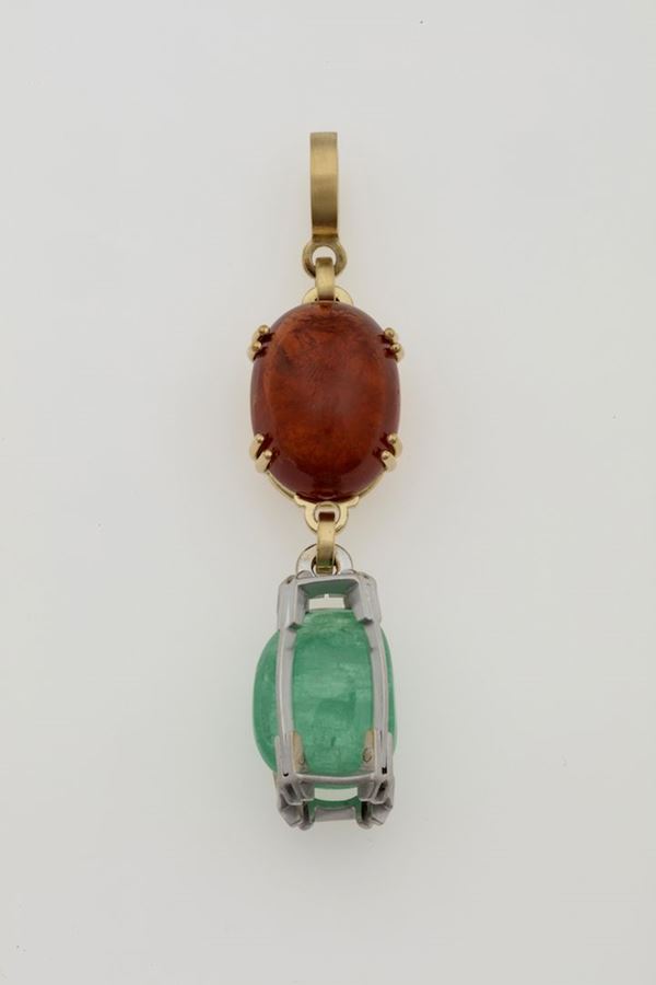 Mandarin garnet, emerald and gold pendant. Signed Enrico Cirio