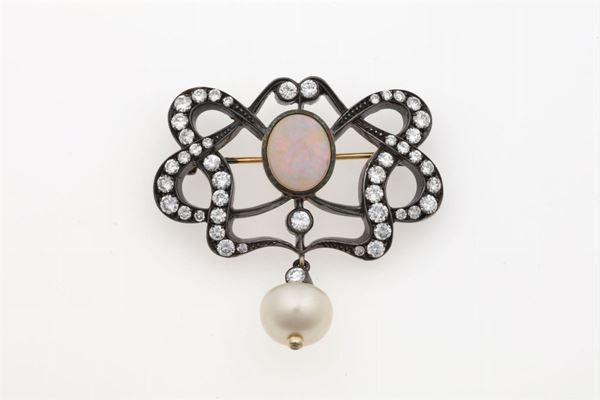 Diamond, opal and natural pearl brooch. Signed Enrico Cirio