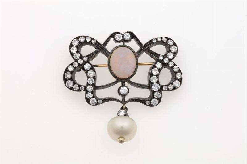 Diamond, opal and natural pearl brooch. Signed Enrico Cirio  - Auction Fine Jewels - Cambi Casa d'Aste