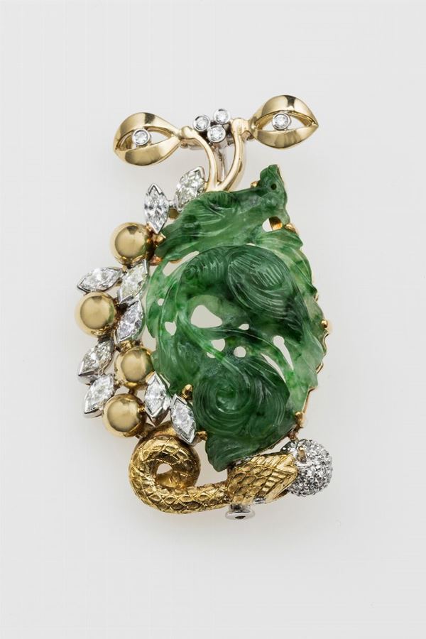 Jade and diamond brooch. Signed Enrico Cirio