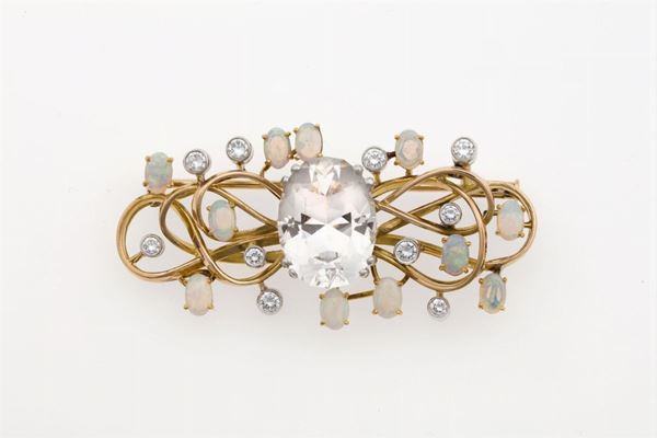 Topaz, diamond and opal brooch. Signed Enrico Cirio