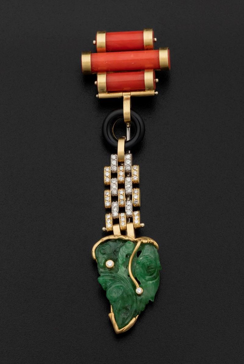 Jade, coral, chalcedony and diamond chatelaine. Signed Enrico Cirio  - Auction Fine Coral Jewels - I - Cambi Casa d'Aste
