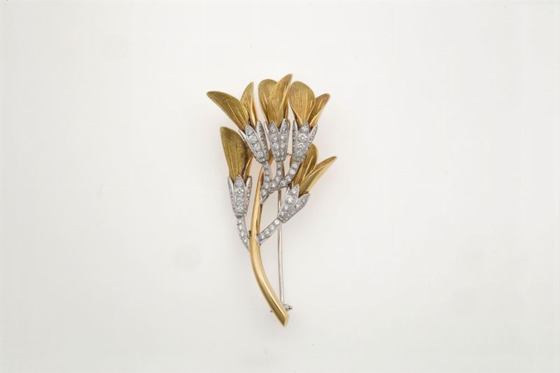 Brilliant-cut diamond, gold and platinum brooch. Signed Enrico Cirio  - Auction Fine Jewels - Cambi Casa d'Aste