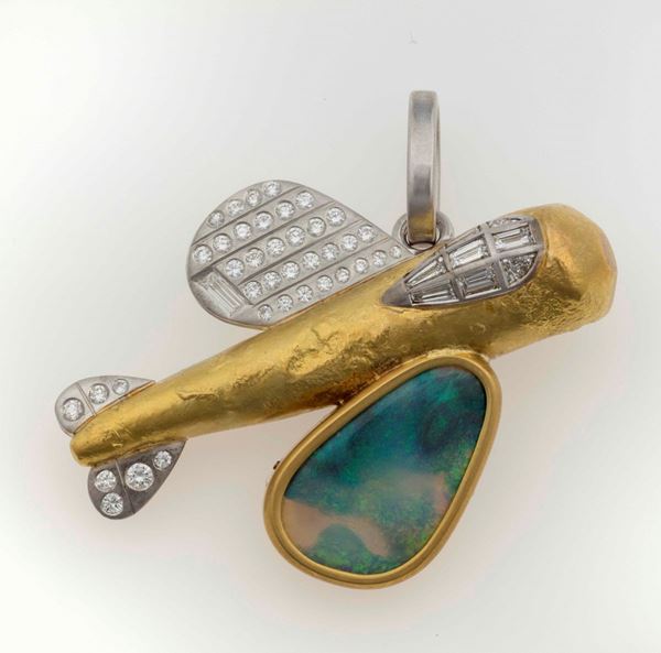 Opal, diamond, gold and platinum pendant/brooch. Signed Enrico Cirio