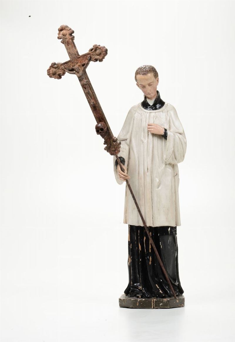 Prelato con croce in legno dipinto. Scultore del XVIII secolo  - Asta Antiquariato - Cambi Casa d'Aste