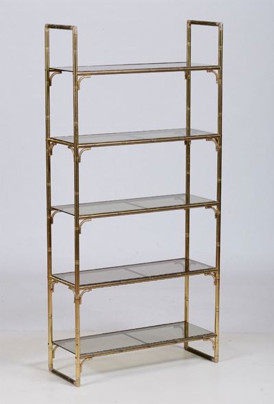 Etagere in Metallo Dorato con Ripiani in Vetro Scuro, Inizio XX Secolo