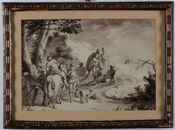 Claude Michel Hamon Duplessis (circa 1791-1799) Cavalieri in sosta in riva ad un fiume