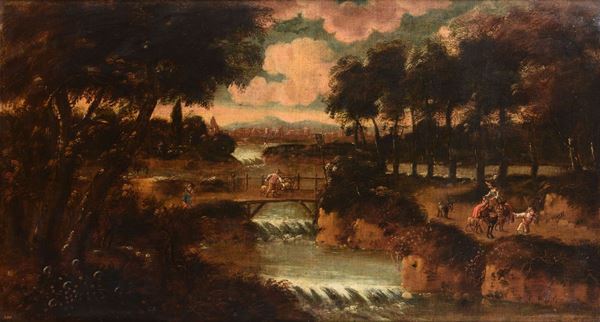 Scuola romana del XVIII secolo Paesaggio con personaggi in riva al fiume e veduta di città