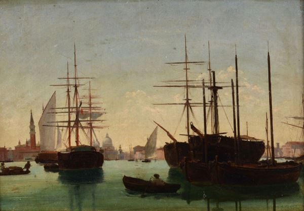 Maestro del XIX secolo Veduta di barche ormeggiate a Venezia