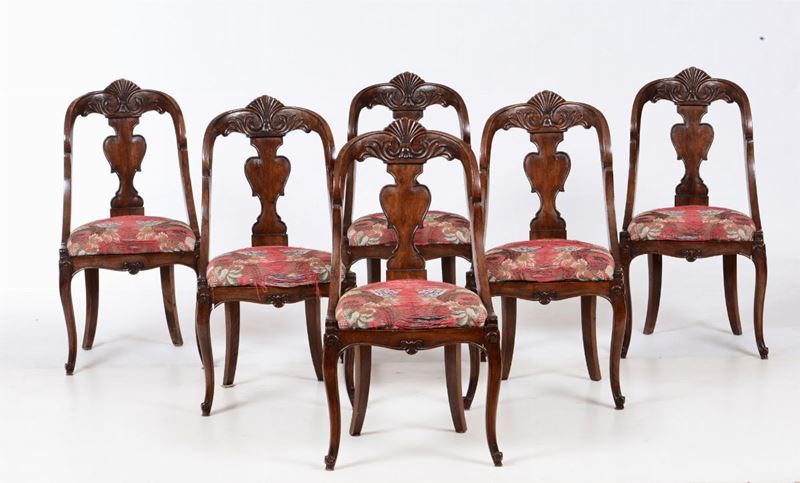 Sei sedie in noce a patina scura con schienale a gondola, fine XIX secolo  - Auction Fine Art Timed Auction - V - Cambi Casa d'Aste