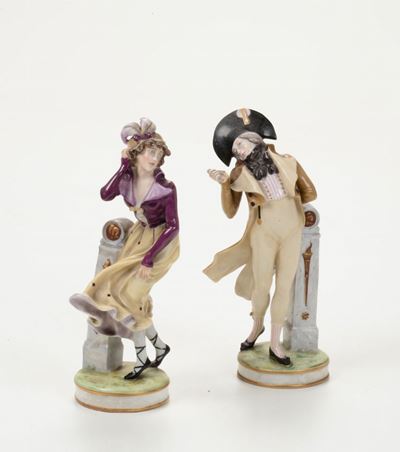 Coppia Statuine in Ceramica Raffiguranti Figura Maschile e Femminile in Costume Impero, Ginori XX...