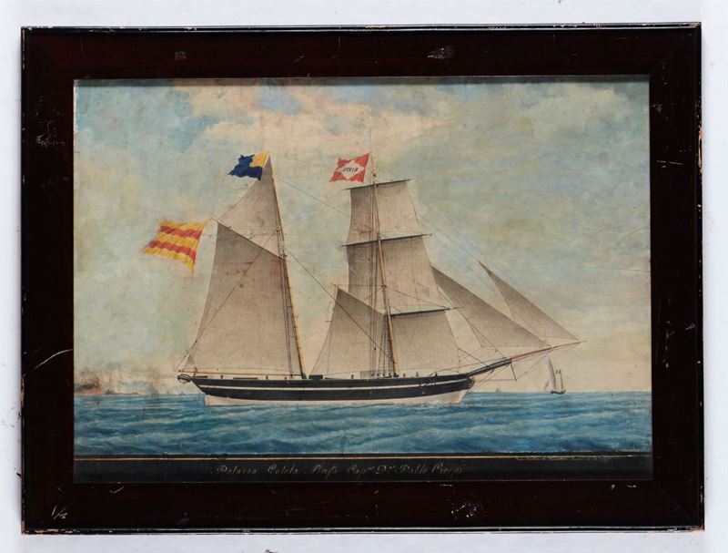 Domenico Gavarrone (1821-1874) Ritratto della Goletta Ninfa in navigazione al largo di Genova  - Asta Arte Marinara e Strumenti Scientifici - II - Cambi Casa d'Aste
