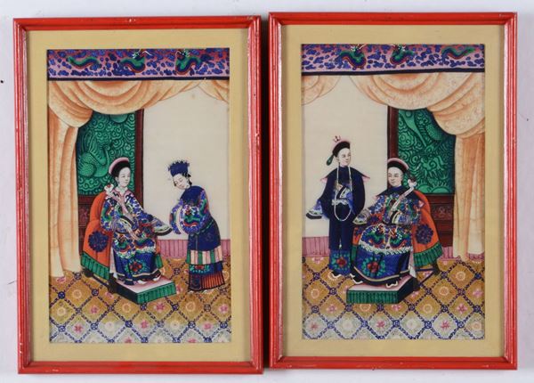 Serie di 4 disegni a tempera raffiguranti scene di corte, Cina XIX-XX secolo