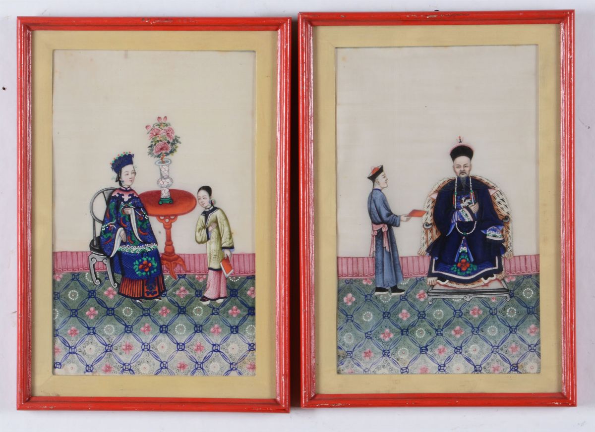 Serie di 4 Disegni a Tempera Raffiguranti Scene di Corte, Cina XIX-XX Secolo