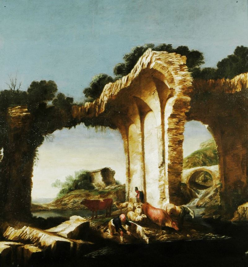 Antonio Travi detto il Sestri : Antonio Travi (1608-1665) Paesaggio con archietture, animali e pastori  - Asta Antiquariato - Cambi Casa d'Aste