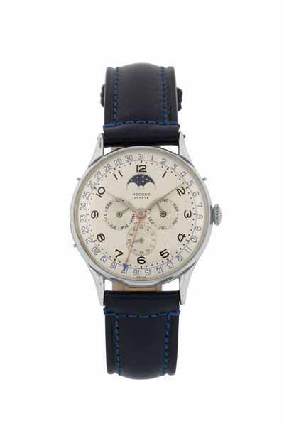Record Watch Co., Genève, Datofix. Orologio da Polso, in Acciaio, con Triplo Calendario e Fasi Lu...