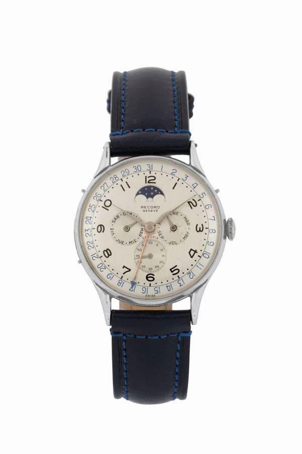 Record Watch Co., Genève, Datofix. Orologio da polso, in acciaio, con triplo calendario e fasi lunari. Realizzato nel 1950 circa